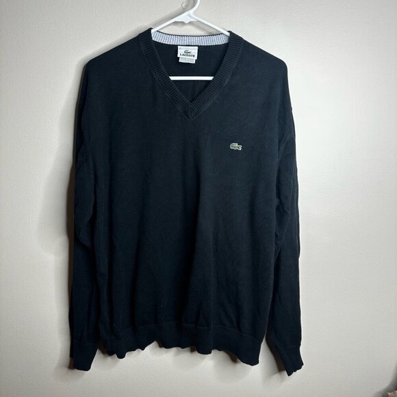 Lacoste Sweater Mens Sz 8 US XXL Black Cotton V Neck Long Sleeve Logo Pullover - Picture 1 of 10
